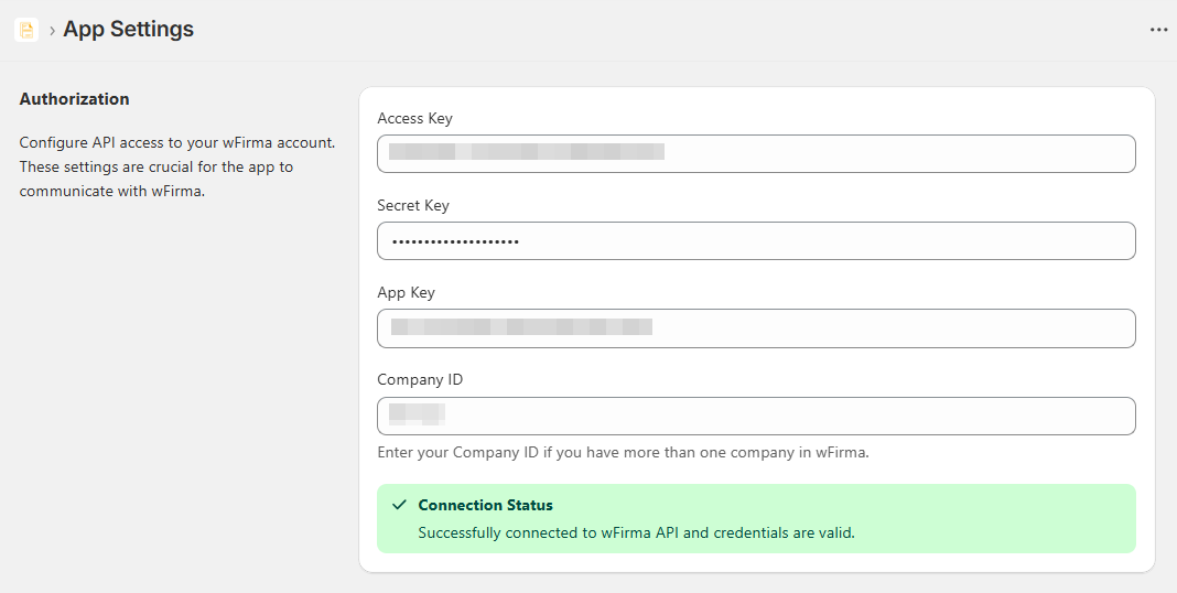Zrzut ekranu przedstawiający panel aplikacji wFirma dla Shopify