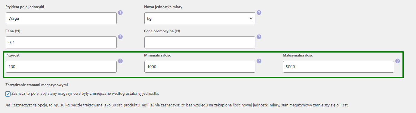 Kalkulator Jednostek - przyrost, minimalna i maksymalna ilość jednostki miary produktu