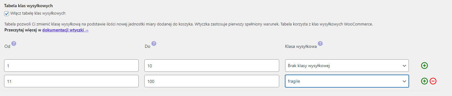 Kalkulator Jednostek - tabela klas wysyłkowych - dynamiczne ceny wysyłki według ilości