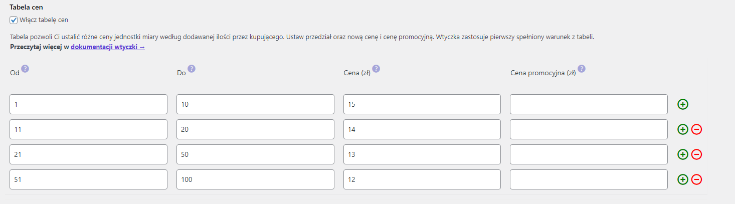 Kalkulator Jednostek WooCommerce - tabela cen - ceny według ilości jednostki miary produktu