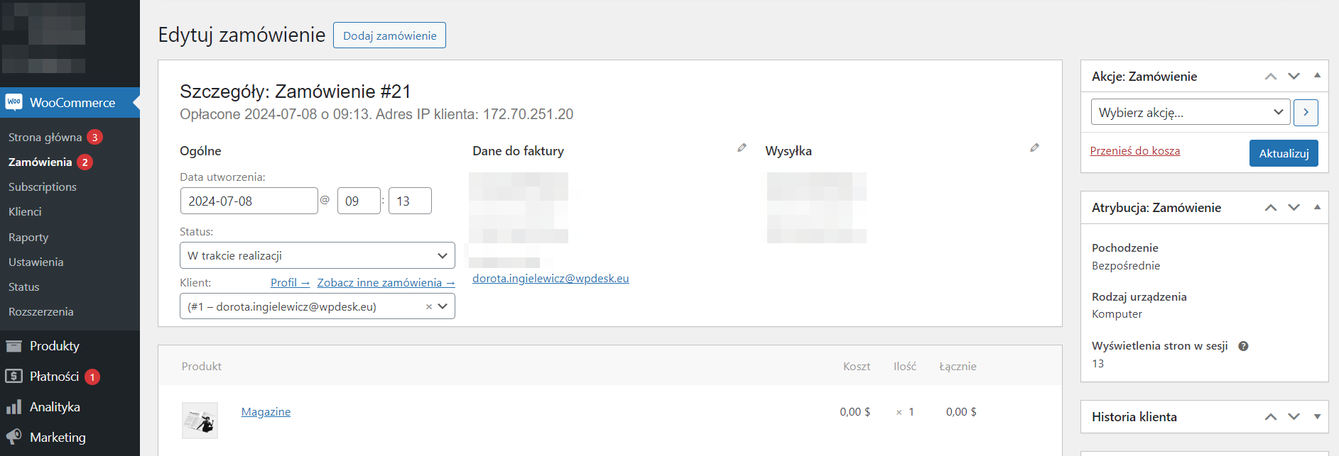 Przykład danych zamówienia WooCommerce