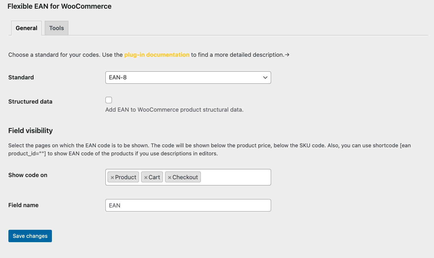 WooCommerce EAN - Ustawienia główne z opcjami generowania i wyborem miejsc wyświetlania kodów